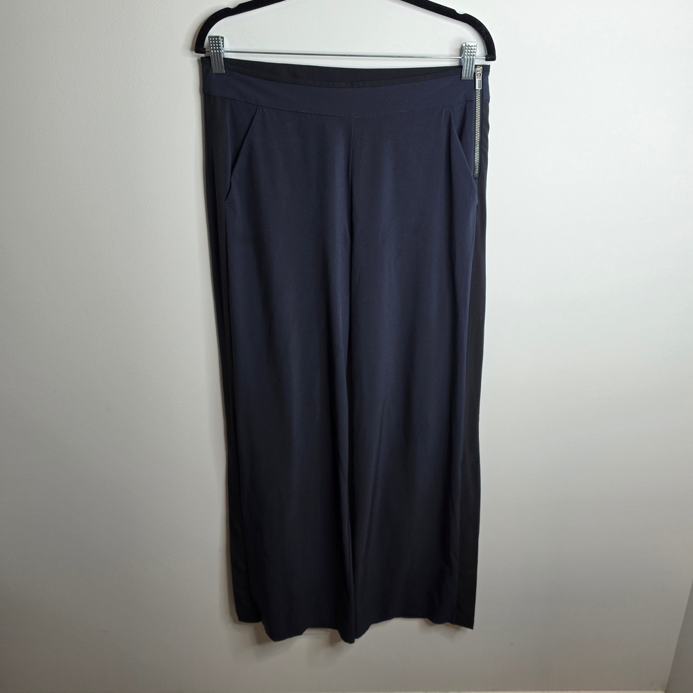 Athleta Wide Leg Side Zip Snap Ankle Performance Trousers Womens 8 Navy Blue